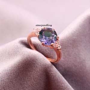 Alexandrite Ring, 925 Sterling Silver, Alexandrite Jewelry, June Birthstone, Round Cut Alexandrite, Three Stone Ring, Zircon Ring, Gift Her