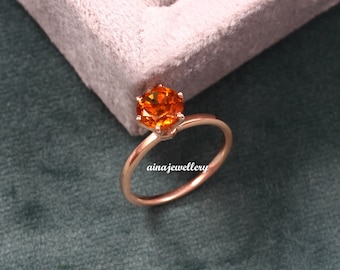 Citrine Ring, Round Cut Citrine, 925 Sterling Silver, Natural Citrine, Solitaire Ring, Wedding Ring, November Birthstone, Engagement Ring