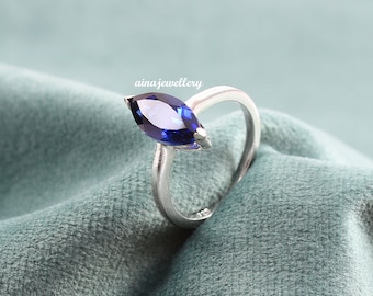 Marquise Sapphire Ring: Vintage Sterling Silver Bridal Jewelry