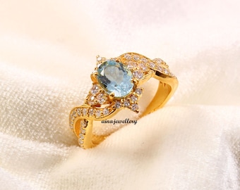 Aquamarine Ring, Engagement Ring, Oval Cut Aquamarine, 925 Sterling Silver, Cluster Ring, Blue Aquamarine, Silver Ring, Wedding Ring