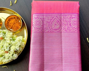 Threadslabel Saree de seda kanjivaram laranja rosado com blusa