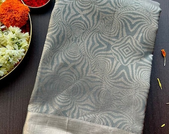 Threadslabel Saree de seda kanjivaram cinza prateado com blusa
