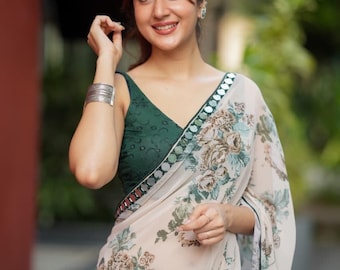 Half white chiffon floral saree with hand work blouse