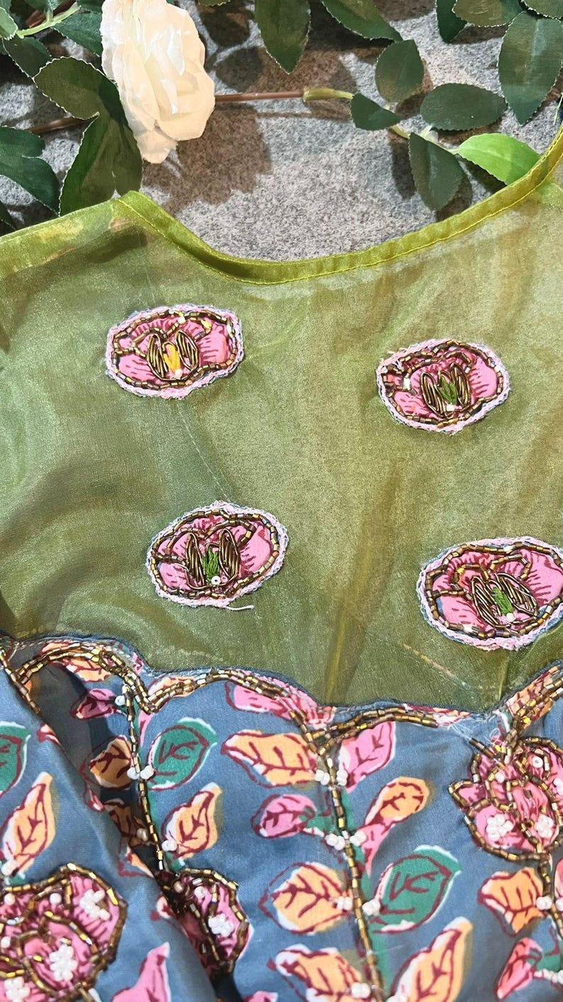 Green soft organza saree with cotton handwork blouse image 5