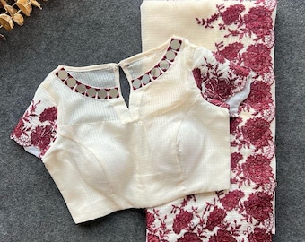 Sari de algodão kota creme com blusa com trabalho espelhado