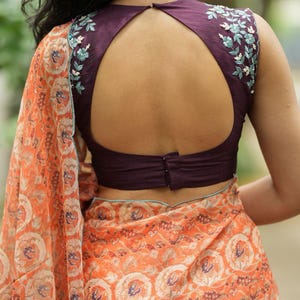 Pastel peach chiffon saree with brown hand work blouse image 3