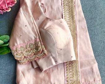 Peach soft silk saree with hand worked blouse