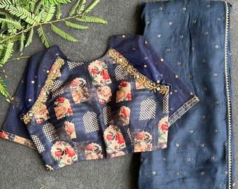 Marineblauwe jute sari met rijkelijk handbewerkte blouse
