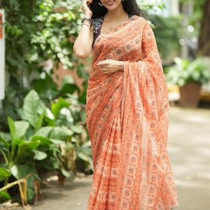 Pastel peach chiffon saree with brown hand work blouse image 9