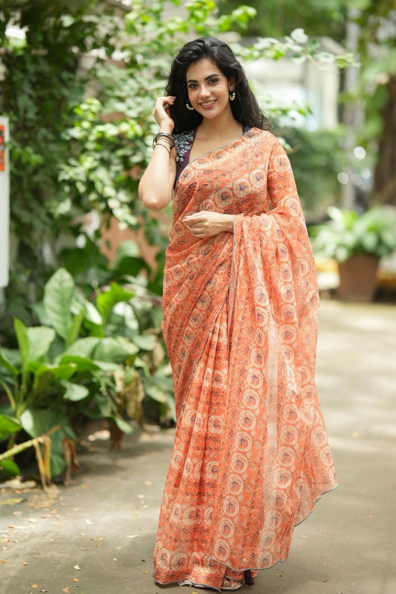 Pastel peach chiffon saree with brown hand work blouse image 9