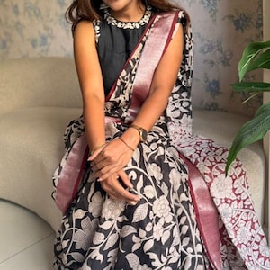 Black linen cotton kalamkari saree with embroidery blouse