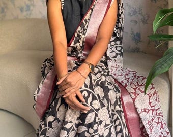 Black linen cotton kalamkari saree with embroidery blouse