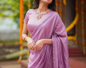 Lavender marble saree with Jewel neck handwork blouse