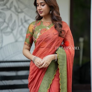 Orange rust mul cotton saree with kalamkari mirror blouse