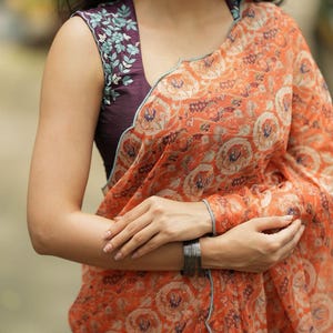 Pastel peach chiffon saree with brown hand work blouse image 1