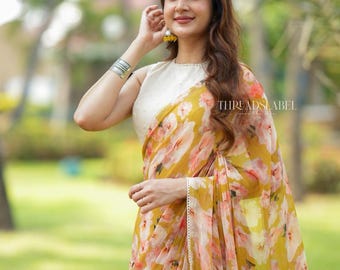 Fenugreek chiffon floral saree with linen mirror blouse