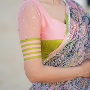 Midnight blue paisleys chiffon saree with hand worked blouse image 3
