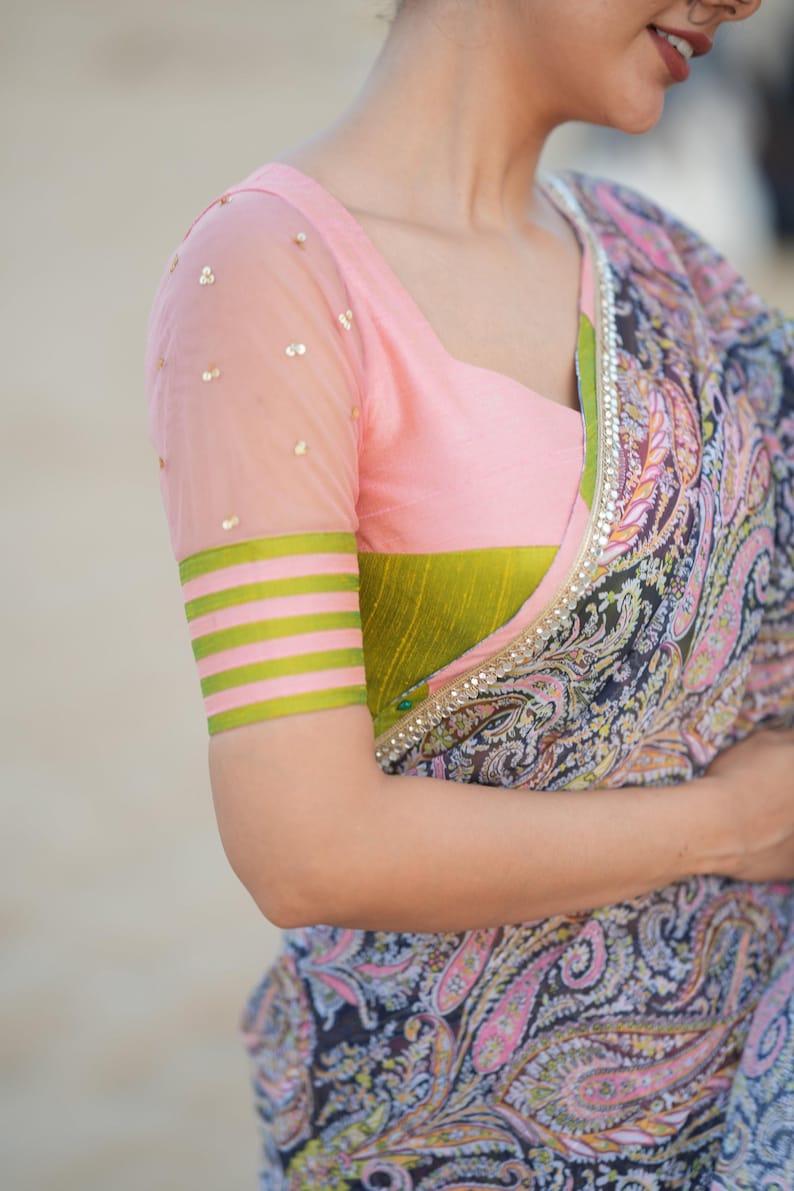 Midnight blue paisleys chiffon saree with hand worked blouse image 3