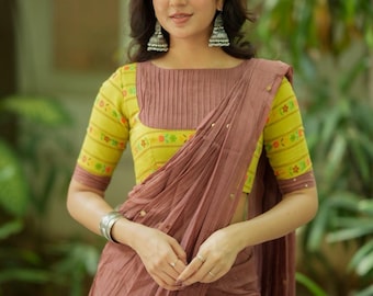 Brown malai chanderi saree with floral print blouse