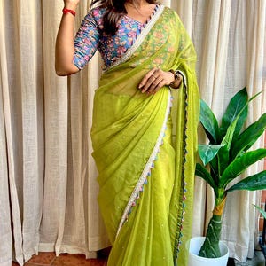 Green soft organza saree with cotton handwork blouse image 3