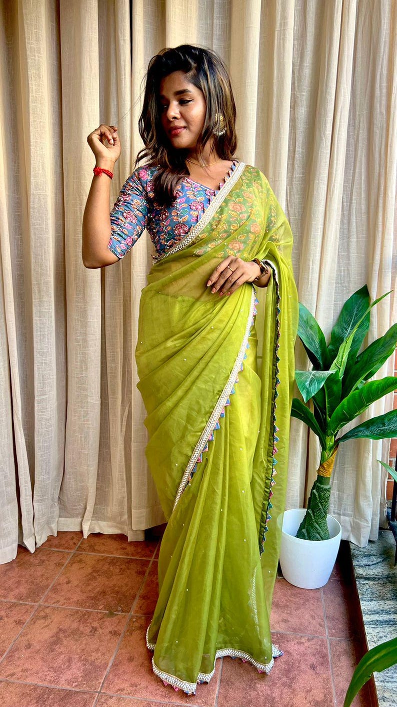 Green soft organza saree with cotton handwork blouse image 3
