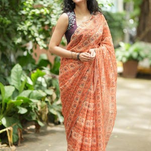 Pastel peach chiffon saree with brown hand work blouse image 4