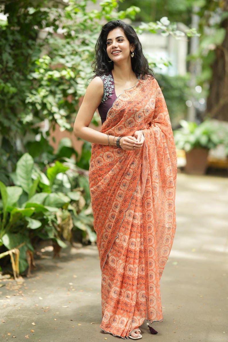 Pastel peach chiffon saree with brown hand work blouse image 4