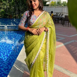 Green soft organza saree with cotton handwork blouse image 8