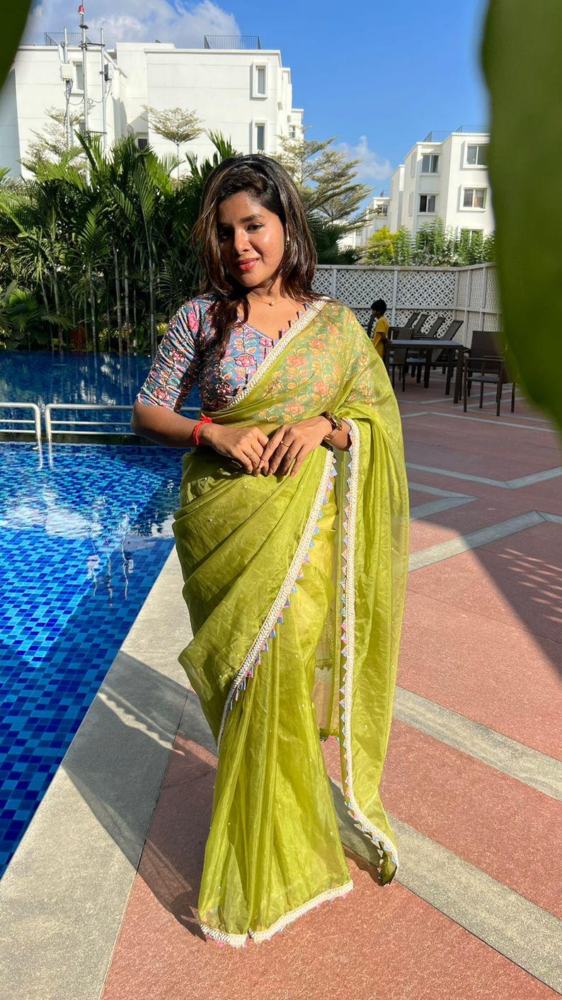 Green soft organza saree with cotton handwork blouse image 8