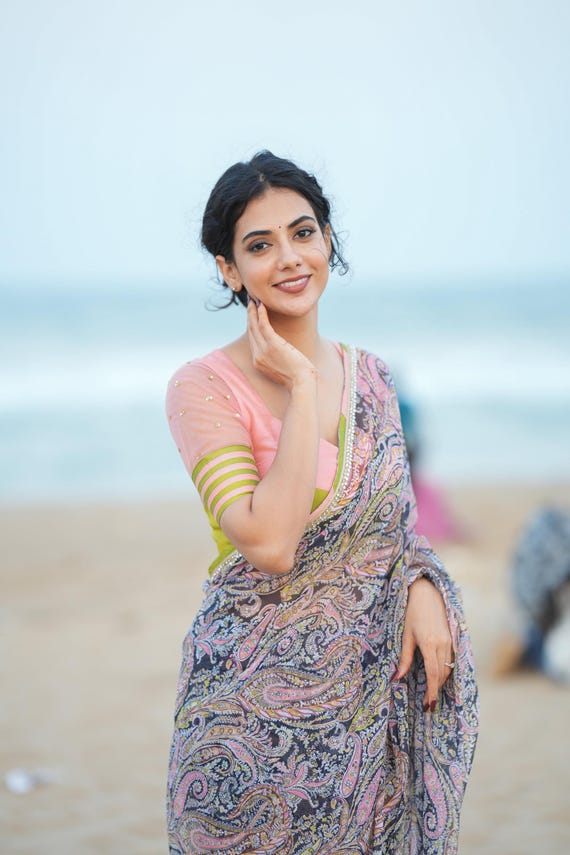 Midnight blue paisleys chiffon saree with hand worked blouse