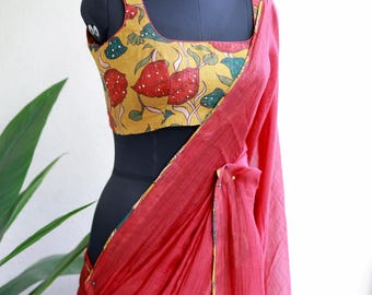 Red chanderi cotton saree with kalamkari handwork blouse