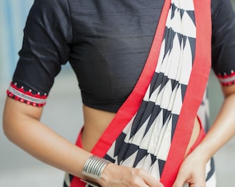 Black & white triangle saree with black hand work blouse