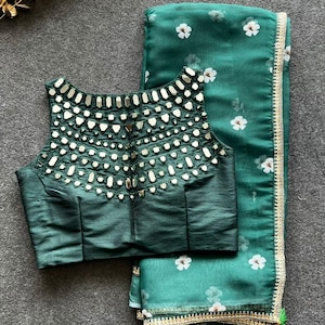 Green organza floral saree with green original mirror work blouse