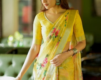 Yellow linen cotton saree with hand work blouse