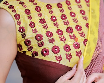 Bruine jute saree met blouse met Banarasi handborduurwerk