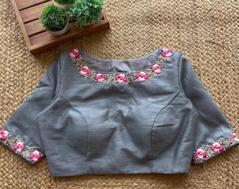 Grey silk floral intricate hand worked blouse