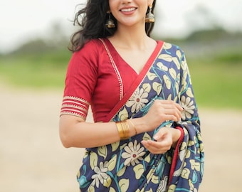 Sari kalamkari de seda azul dola com blusa marrom feita à mão