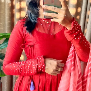 Red silk maxi dress salwar suit of hand worked top and Duppata