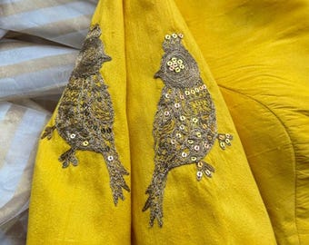 Yellow silk sleeve bird hand work blouse ( Only blouse )