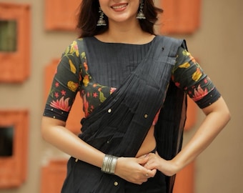 Black malai chanderi saree with floral print blouse
