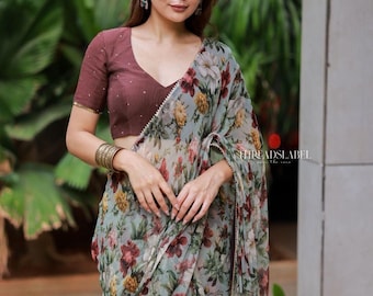 Sari de chiffon floral verde sálvia com blusa bordada à mão