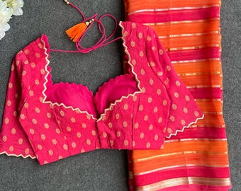 Roze en oranje gestreepte zachte sari van organza met handwerkblouse van banarasi