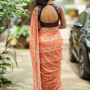 Pastel peach chiffon saree with brown hand work blouse image 10