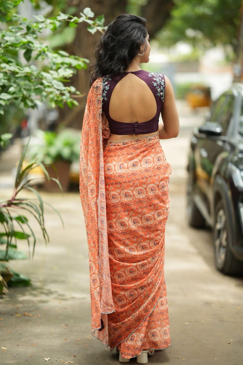 Pastel peach chiffon saree with brown hand work blouse image 10