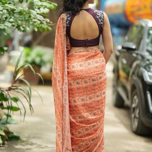 Pastel peach chiffon saree with brown hand work blouse image 5