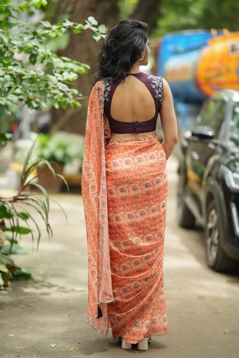 Pastel peach chiffon saree with brown hand work blouse image 5