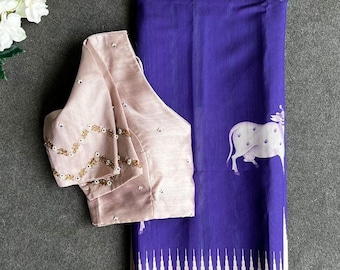 Purple cow tusser saree with hand worked blouse