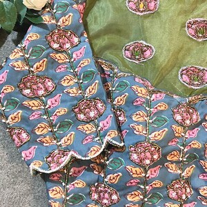 Green soft organza saree with cotton handwork blouse image 6