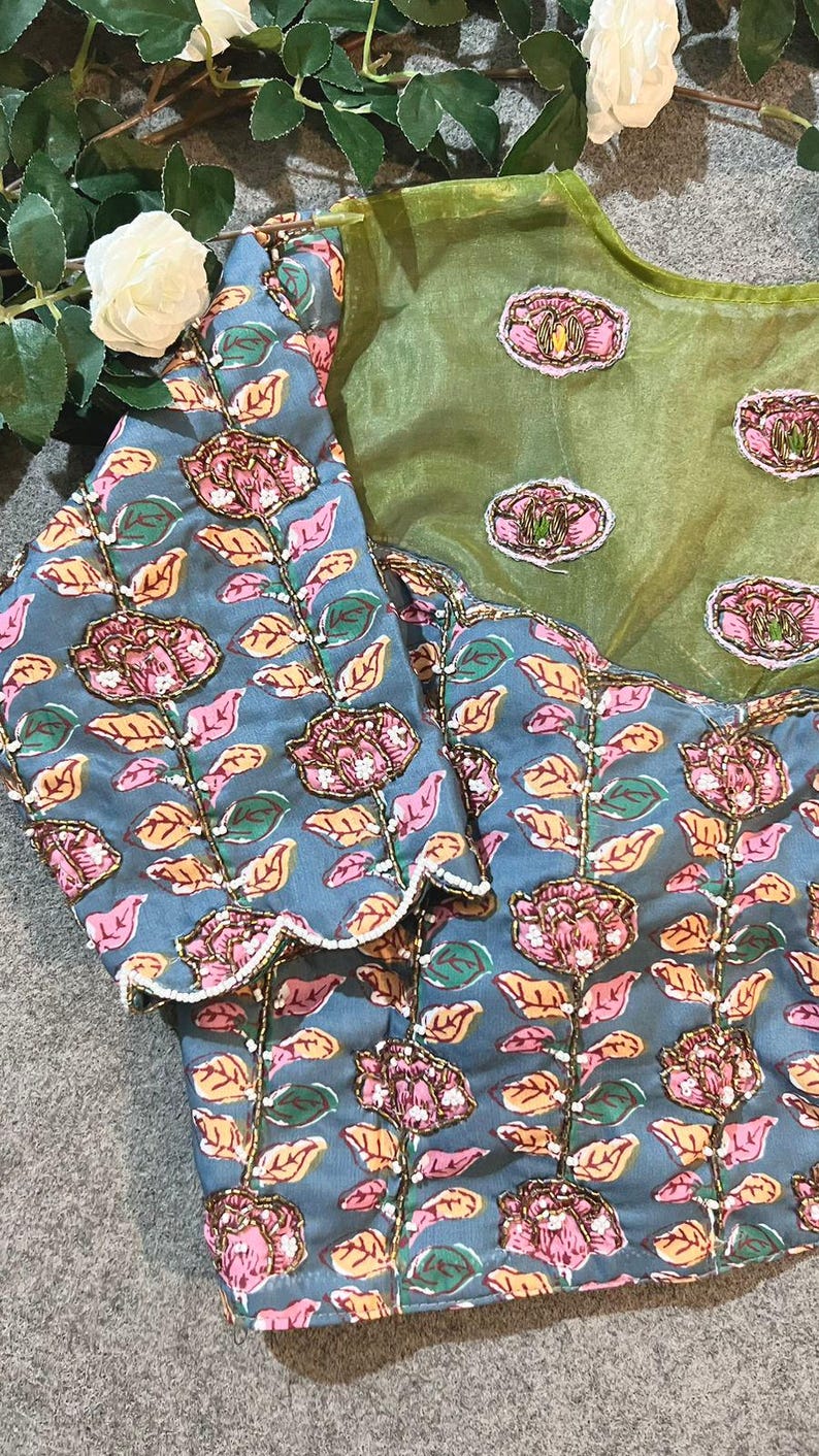 Green soft organza saree with cotton handwork blouse image 6