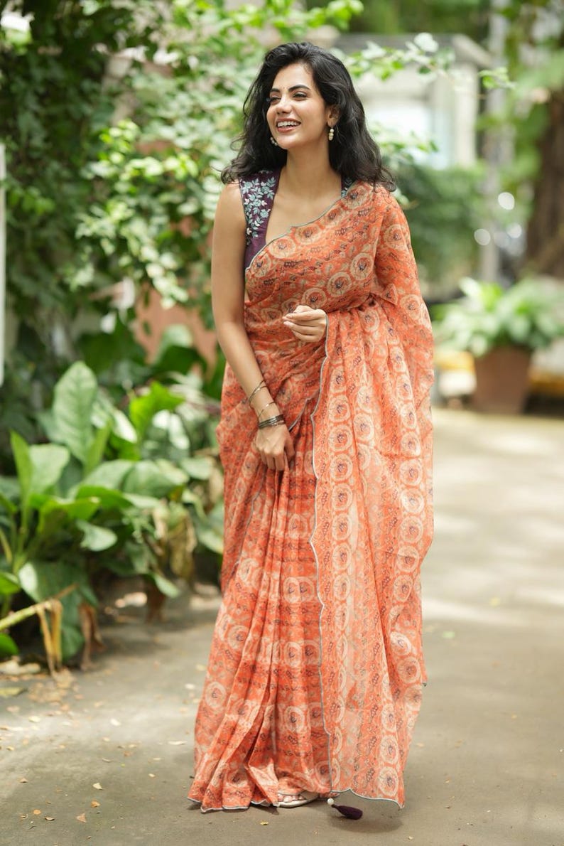 Pastel peach chiffon saree with brown hand work blouse image 7